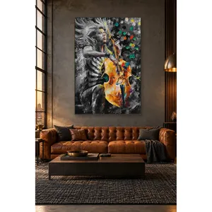 Impression sur toile Fida : Femme aux couleurs vives jouant du violoncelle sur fond noir et blanc - Product Image 4