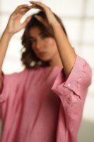 Ensemble de pyjama en lin rose écologique personnalisé pour femme, 2 pièces, col en V, manches longues, taille naturelle, coupe régulière, vente en gros