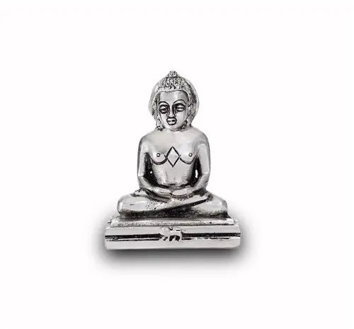 Kerajinan Tangan Aluminium Perak Disepuh Mahaveer Duduk Patung Mahavir Swami untuk Dekorasi Rumah Koleksi Kerajinan Seni