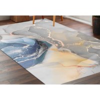 Tapis KayraHome en laine patchwork bleu-gris marbré, écologique, antidérapant avec envers en latex, poils moyens, tons doux, rectangulaire traditionnel