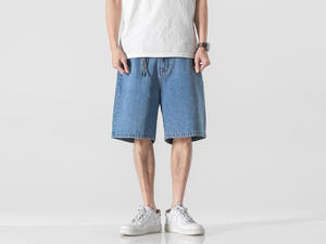 Custom <b>Men's</b> Basic Casual Loose Denim Shorts <b>for</b> Summer Vintage Style Embroidery Button Mid Light Dark Wash Diamond Accent - Product Image 5