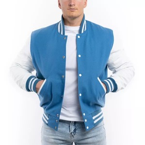 Chaqueta universitaria azul cielo con mangas blancas, cuerpo de lana, cierre de botón a presión, estilo de béisbol, bombardero universitario personalizado, abrigo con letras - Product Image 1