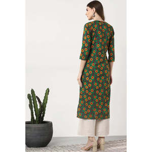 Women's Green Floral Printed Cotton A-Line <b>Kurta</b> Elegant Trendy Day <b>Dress</b> Custom Design Free Size Breathable Feature Retail - Product Image 4