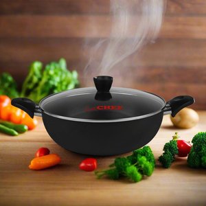 Wok antiadhésif de chef moderne de 24 cm avec couvercle en verre trempé de qualité supérieure et bouton en pierre pour cuisinière à gaz, hôtels écologiques, noir - Product Image 2