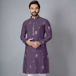 Royal Purple Chanderi Silk Men's Kurta Pajama Set with Embroidery - Product Image 1