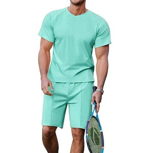 Venta al por mayor de algodón de los hombres Twin Set Color sólido Streetwear Casual Shorts y camiseta de talla grande de diseño personalizable para el verano - Product Image 6