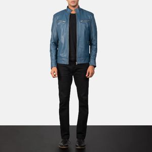 Veste de motard à col montant bleue personnalisée pour hommes Fabrication professionnelle Techniques teintes unies pour la saison d'hiver - Product Image 4
