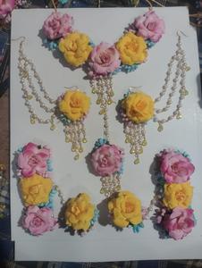 ก่อนแต่งงานดอกไม้ประดิษฐ์เครื่องประดับที่มีไข่มุกและ jhumkas สีทองสีชมพูอ่อนดอกไม้ชุดเครื่องประดับเจ้าสาวทำด้วยมือ haldi พิเศษ - Product Image 6