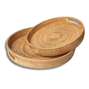 PANIER/PLATEAU en rotin rond en osier tissé à la main de haute qualité avec poignées Design durable et élégant, naturel et élégant personnalisable - Product Image 1