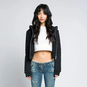 Sudadera recortada con cremallera completa para mujer de alta calidad, decoración con lentejuelas, ropa informal cómoda y elegante para entrenamientos, logotipo frontal de invierno - Product Image 4