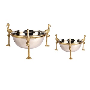 Forme ovale en métal grand bol maison table décorative fleurs et fruits bol brut fini nickelé bol de service sur base - Product Image 4