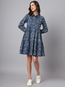 Robe midi en coton à imprimé floral bleu antique, col mandarin, 100% coton, séchage rapide et décontractée, vêtements de plage d'été - Product Image 4