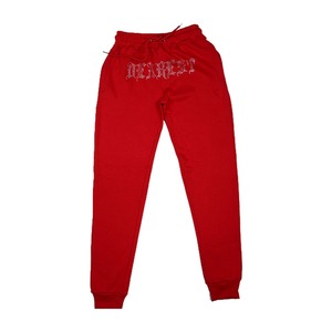 Conjunto de dos piezas de chándal de lana tecnológica para hombre rojo y blanco con logotipo de bordado y diamantes de imitación gimnasio Fitness entrenamiento pantalones de chándal traje - Product Image 2