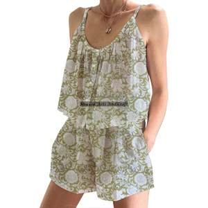 Conjunto de Pijama Corto de Algodón con Estampado de Bloques para Mujer, Ropa de Dormir de Primavera/Verano, Floral, Ajustado, con Tirantes, Sin Mangas - Product Image 5