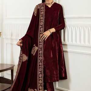 NEW KURTA & PANT WITH HEAVY DUPATTA ON VELVET <b>FABRIC</b> EMBELLISH BEAUTIFUL RESHAM, CRYSTAL GLASS BEADS,DABKA WORK for Party-WEAR - Product Image 1