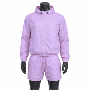 Conjunto Deportivo Informal Unisex Ligero con Capucha, Color Morado Sólido, Manga Larga con Cremallera, Pantalones Cortos, Ropa Deportiva de Verano para Adultos - Product Image 1