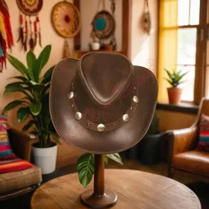 Brown Antique Pakistan Made Premium Quality Cowboy Leather Unisex Private Label Made Men Cowboy Leather Hat 2024