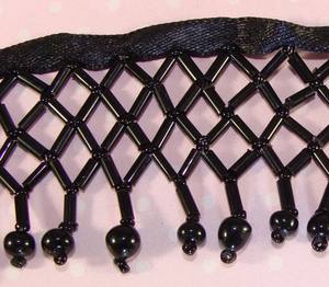 BLACK Beaded <b>Fringe</b> Trim One Yard Glass Bugle Seed Bead Cross Lattice Satin Ribbon Craft Supplies - Costumes <b>Curtains</b> - Product Image 2