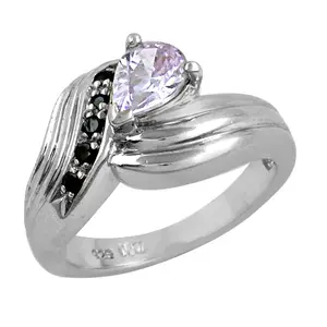 Bague en argent 925 plaqué rhodium avec zircon taille poire pour femme |   Sertissage de lunette |   Cadeau de mariage - Product Image 1