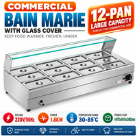 Bain-marie commercial 12 bacs 1800W 220V, chauffe-plats électrique en acier inoxydable, table vapeur double rangée pour buffet avec couvercle en verre