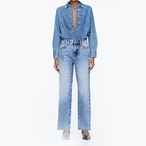 Nouveau jean en denim taille haute à jambe large pour femmes à la mode avec embellissement de perles sur tout pour un style chic et à la mode à bas prix - Product Image 3