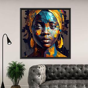 Toile imprimée : Portrait mosaïque d'une femme africaine abstraite, TOILE ENCARTÉCHÉE NOIRE - Product Image 1