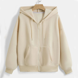 100% Cotton Full Zip Hoodie <b>Men's</b> Heavyweight 400gsm Fleece <b>Jacket</b> Beige Drop Shoulder Oversized Zipper Hoody Manufacturer OEM - Product Image 1