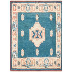 Tapis en laine noués à la main Nuray Blue, grande surface Pae-1245 pour la maison, le salon, la chambre, le couloir, motif médaillon abstrait rectangulaire fait main - Product Image 1