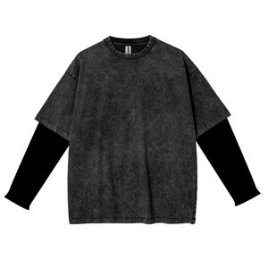 Camiseta de lavado ácido de algodón 100% para hombre, ropa de calle de manga larga de doble capa de gran tamaño, estilo informal en blanco - Product Image 6