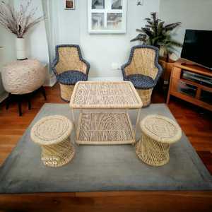 Silla de cojín de caña de mimbre de bambú hecha a mano natural, sofá de asiento cómodo único con mesa y otomana para el jardín del hogar - Product Image 6