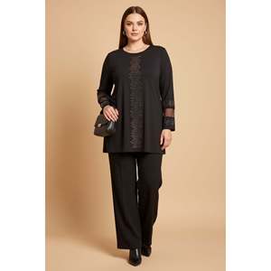 Suéter de punto con detalles en los hombros y mangas, talla grande, color negro - Product Image 3