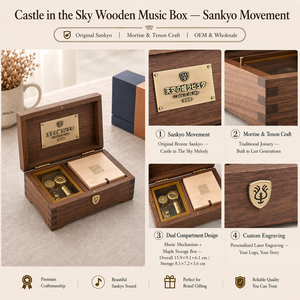 Boîte à <span class=keywords><strong>musique</strong></span> Sankyo en noyer avec mouvement en bronze, fenêtre en verre à tenon et mortaise, plaque en laiton, rangement en érable, personnalisable, OEM, vente en gros - Product Image 3