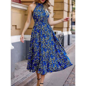 Robe maxi Supreme à imprimé, col halter et épaules dénudées pour femme, 35188 - Bleu - Product Image 1