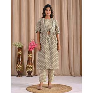 ชุดเซ็ตเสื้อคลุมไหล่ผ้าฝ้ายพิมพ์ลายสีเทา พร้อมกางเกงขาสั้น 2 ชิ้น สำหรับใส่ทุกวัน ไซส์ XS ตกแต่งด้วยลูกไม้ แขนสามส่วน เหมาะสำหรับฤดูร้อน - Product Image 4