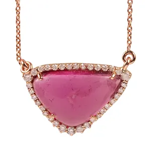 Dernier collier pendentif en tourmaline rose avec diamant pavé naturel en or rose 14k pour cadeau d'anniversaire de mariage Grossiste en bijouterie fine