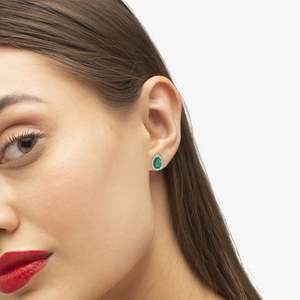 14K White Gold Vintage Trendy <b>Stud</b> <b>Earrings</b> Pear <b>Emerald</b> Diamond (1.42ct) Floral Hoop Design for Engagement Rose Gold Material - Product Image 2