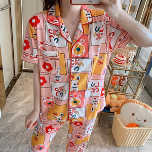 Ropa de dormir de manga corta para mujer, pantalones largos, conjuntos de 2 uds., pijamas de dibujos animados, ocio, solapa dulce coreana con botón, ropa de casa para mujer - Product Image 1