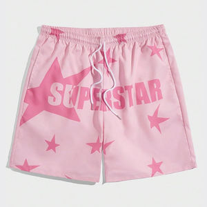 Pantalones cortos de secado rápido transpirables de algodón 100% con estampado de estrellas rosas personalizadas de estilo callejero para hombre, informales, holgados, a la moda para entrenamiento - Product Image 1