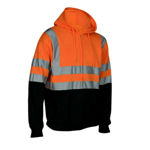 <b>Men's</b> Orange High Visibility Fleece Hooded <b>Jacket</b> With Reflective Stripes Workwear Style Zipper Closure - Product Image 2