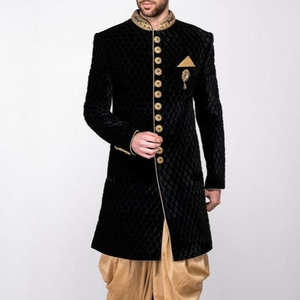 NEW--BEAUTIFUL EMBROIDERY on NAVY BLUE SHERWANI WITH DHOTI on VELVET FABRIC & ALSO SHOE WITH DRESS for PARTY-WEAR/WEDDING @ 2023 - Product Image 1
