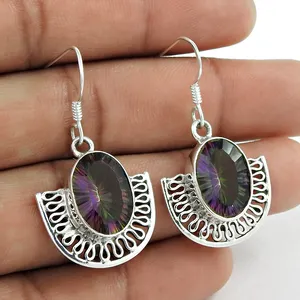 Attractive Trendy Design 925 Sterling Silver Natural Mystic Topaz Gemstone Oval Shape Dangle Earrings Handmade Jewelry Exporter