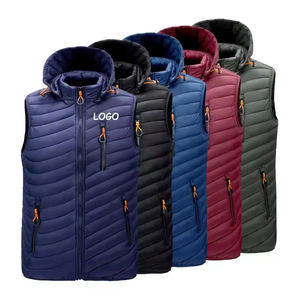 Gilet chaud d'hiver brodé avec logo personnalisé pour hommes, veste en nylon respirante décorée de boutons, capuche sans manches, remplissage de canard et tambour - Product Image 4