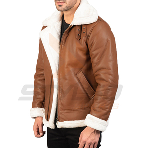 Blouson en cuir bombardier pour homme, manteaux et vestes en cuir marron avec col en fourrure de mouton véritable - Product Image 2