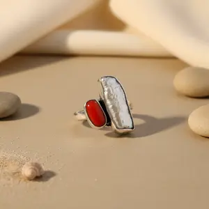 Women's 925 <b>Silver</b> Pearl & Coral Statement Ring Elegant <b>Watches</b> Accessory - Product Image 3