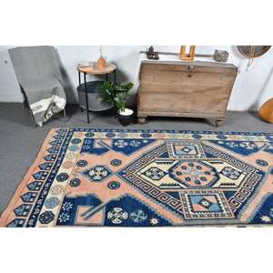 พรมตุรกีโบราณ4.7 x 9.8ft คลาสสิกสีฟ้าสีเบจแบบเย็บปะติดปะต่อกันวัสดุขนสัตว์ที่มีน้ำยางด้านหลังสำหรับตกแต่งห้องวัยรุ่น - Product Image 2