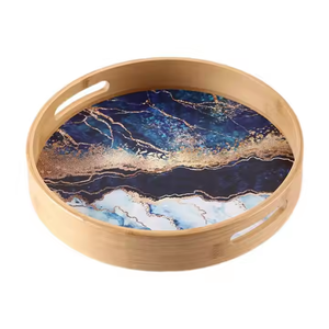 Juego de bandeja de servicio de madera elegante de moda de 3 bandejas de servicio de alimentos impresas en varios colores Juego de bandejas de madera natural Premium de calidad superior - Product Image 5