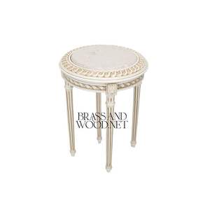Elegante Mesa Auxiliar Redonda de Mármol con Marco de Madera Dorado Crema y Patas Acanaladas para Decoración de Esquinas de Sala de Estar de Lujo - Product Image 1