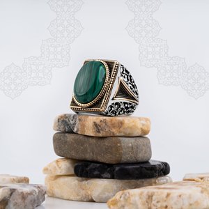 Regalo di gioielli da uomo in pietra ovale in argento 925 di lusso con anello verde Malachite