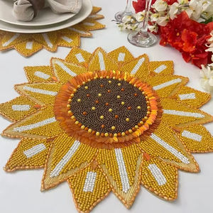 Handmade Glass <b>Placemat</b> Beaded <b>Round</b> Table <b>Placemat</b> Silver <b>Gold</b> with White Beads 14 Inch Eco-Friendly - Product Image 1