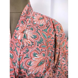 Boho Style Lightweight Cotton Kimono Indian Handprinted Cherry Blossom Botanical Luxury Summer <b>Beach</b> Holiday Cover-Up <b>Robe</b> - Product Image 2